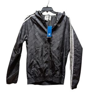 Adidas Black Monogram Small Hood Windbreaker full zip jacket Hood Elastic Waist
